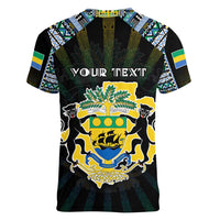 Personalized Gabon Roots Women V-Neck T-Shirt African Map in Fingerprint and Tribal Colors