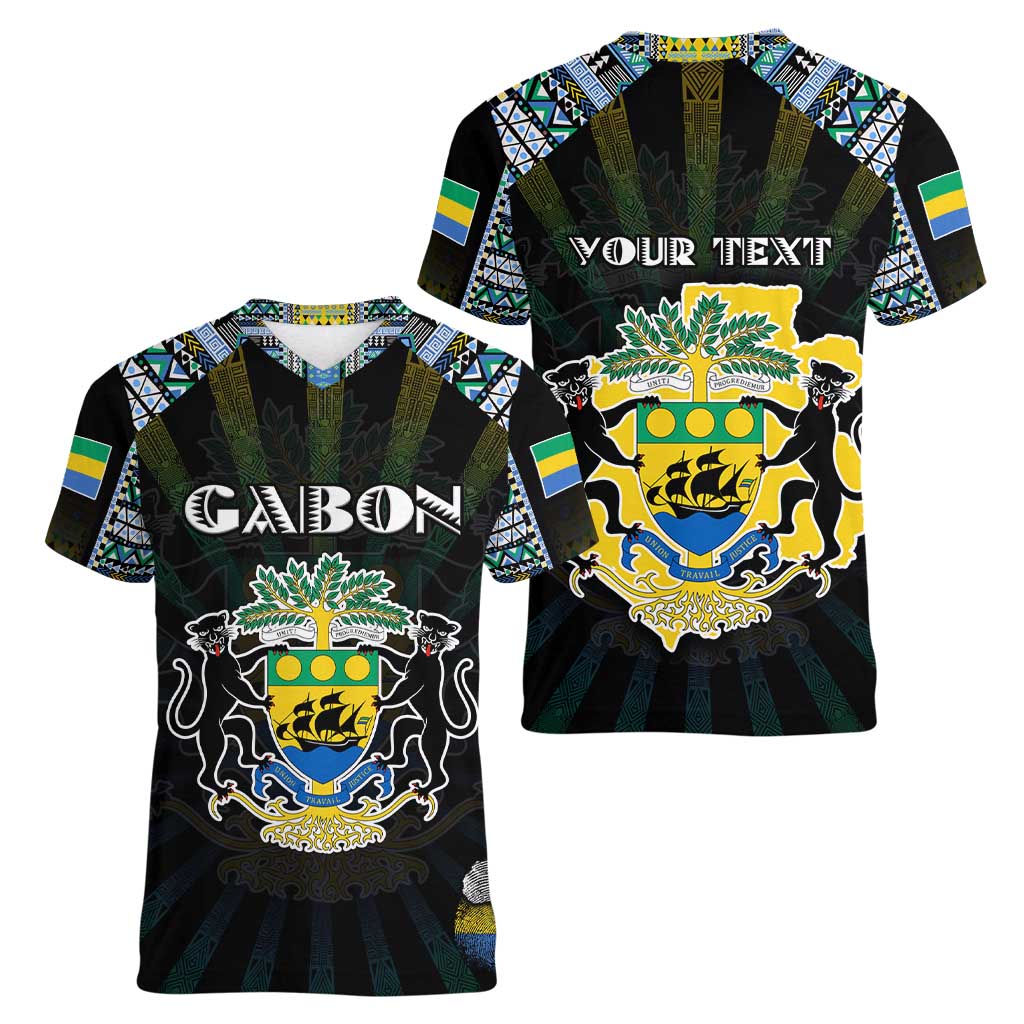 Personalized Gabon Roots Women V-Neck T-Shirt African Map in Fingerprint and Tribal Colors
