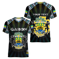 Personalized Gabon Roots Women V-Neck T-Shirt African Map in Fingerprint and Tribal Colors