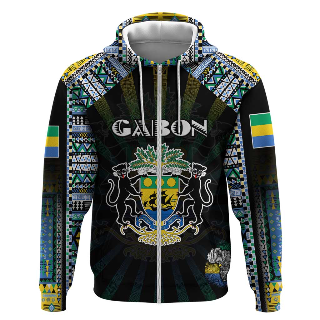 Personalized Gabon Roots Zip Hoodie African Map in Fingerprint and Tribal Colors