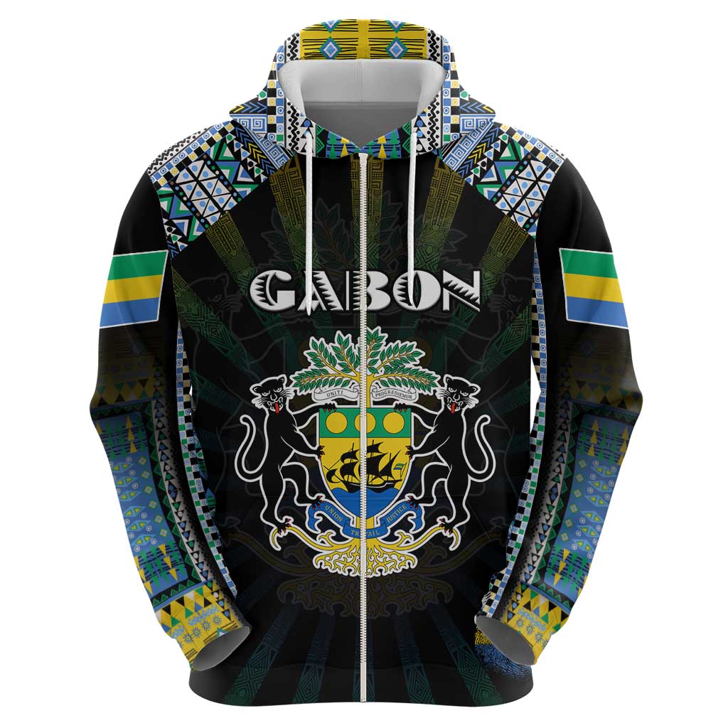 Personalized Gabon Roots Zip Hoodie African Map in Fingerprint and Tribal Colors