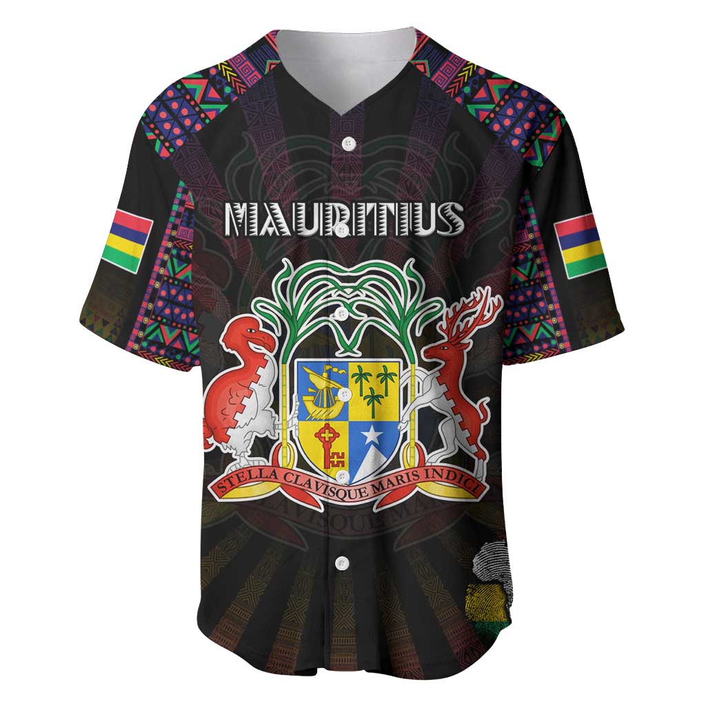 Personalized Mauritius Roots Baseball Jersey African Map in Fingerprint and Tribal Colors