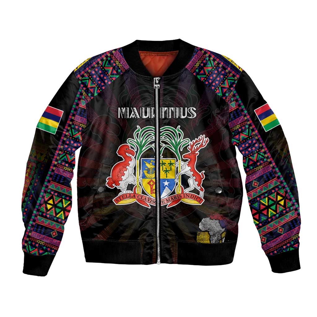 Personalized Mauritius Roots Bomber Jacket African Map in Fingerprint and Tribal Colors