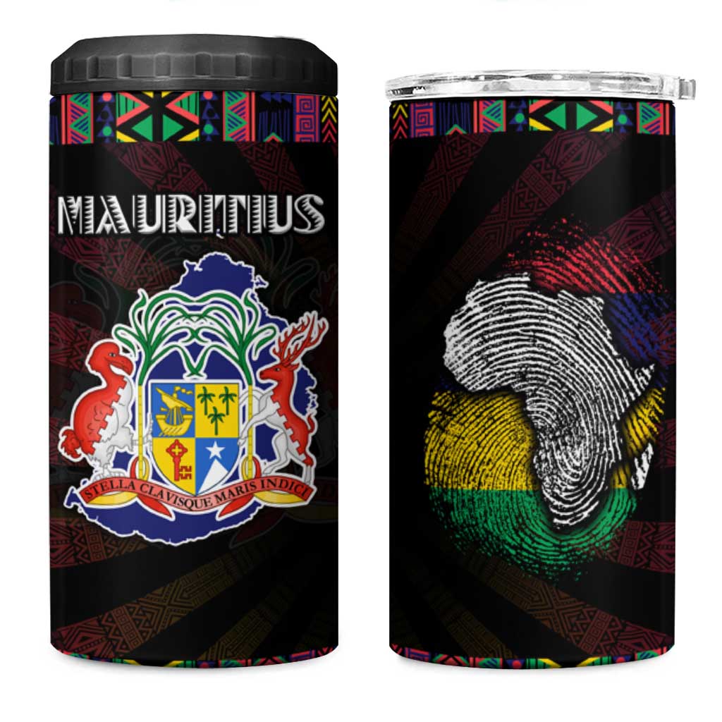 Mauritius Roots 4 in 1 Can Cooler Tumbler African Map in Fingerprint and Tribal Colors