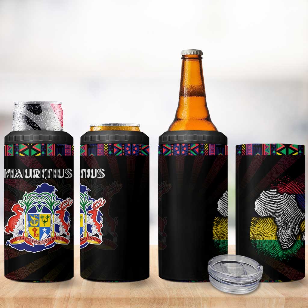 Mauritius Roots 4 in 1 Can Cooler Tumbler African Map in Fingerprint and Tribal Colors