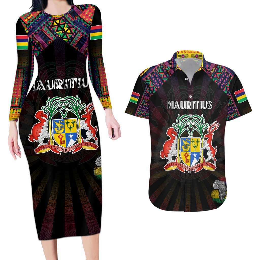 Personalized Mauritius Roots Couples Matching Long Sleeve Bodycon Dress and Hawaiian Shirt African Map in Fingerprint and Tribal Colors