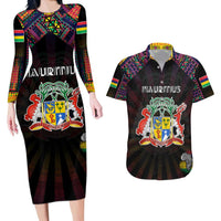 Personalized Mauritius Roots Couples Matching Long Sleeve Bodycon Dress and Hawaiian Shirt African Map in Fingerprint and Tribal Colors