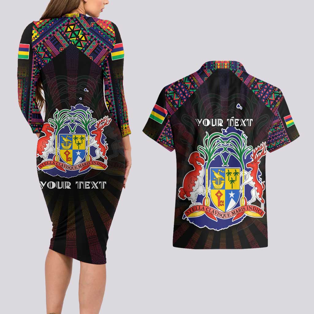 Personalized Mauritius Roots Couples Matching Long Sleeve Bodycon Dress and Hawaiian Shirt African Map in Fingerprint and Tribal Colors