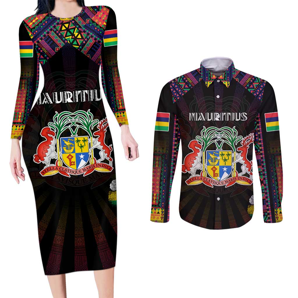 Personalized Mauritius Roots Couples Matching Long Sleeve Bodycon Dress and Long Sleeve Button Shirt African Map in Fingerprint and Tribal Colors