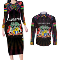 Personalized Mauritius Roots Couples Matching Long Sleeve Bodycon Dress and Long Sleeve Button Shirt African Map in Fingerprint and Tribal Colors
