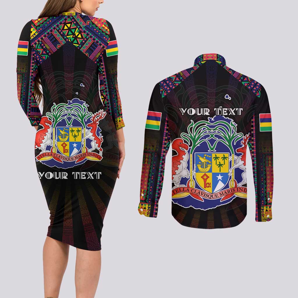 Personalized Mauritius Roots Couples Matching Long Sleeve Bodycon Dress and Long Sleeve Button Shirt African Map in Fingerprint and Tribal Colors
