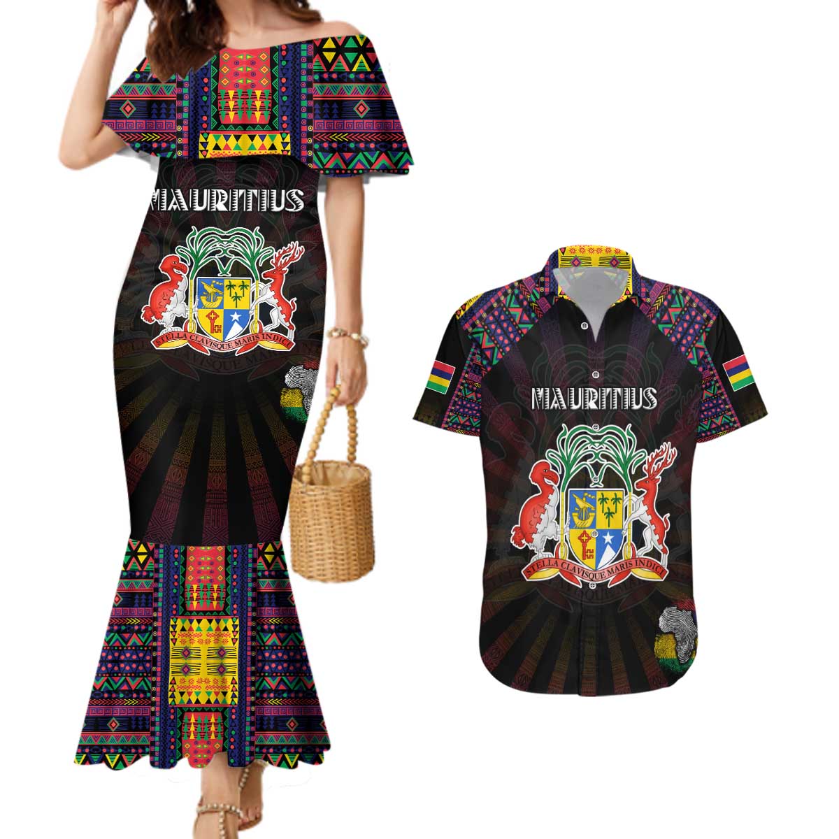 Personalized Mauritius Roots Couples Matching Mermaid Dress and Hawaiian Shirt African Map in Fingerprint and Tribal Colors