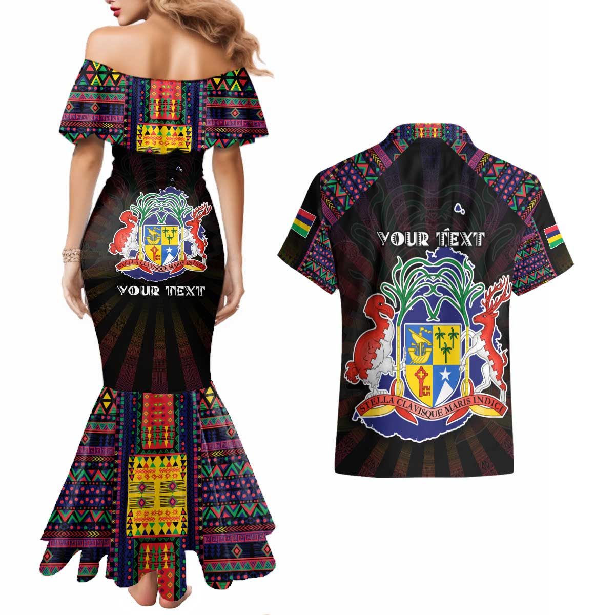 Personalized Mauritius Roots Couples Matching Mermaid Dress and Hawaiian Shirt African Map in Fingerprint and Tribal Colors