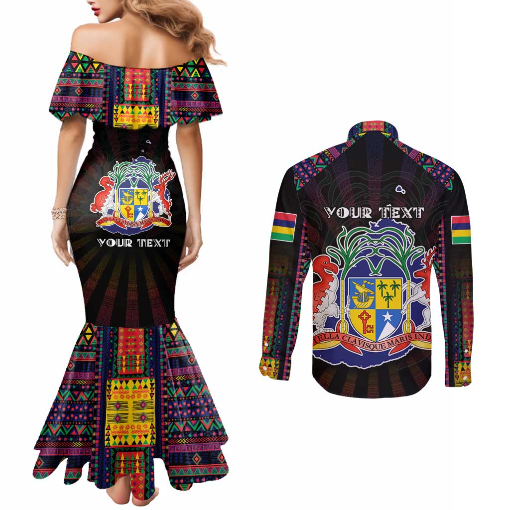 Personalized Mauritius Roots Couples Matching Mermaid Dress and Long Sleeve Button Shirt African Map in Fingerprint and Tribal Colors