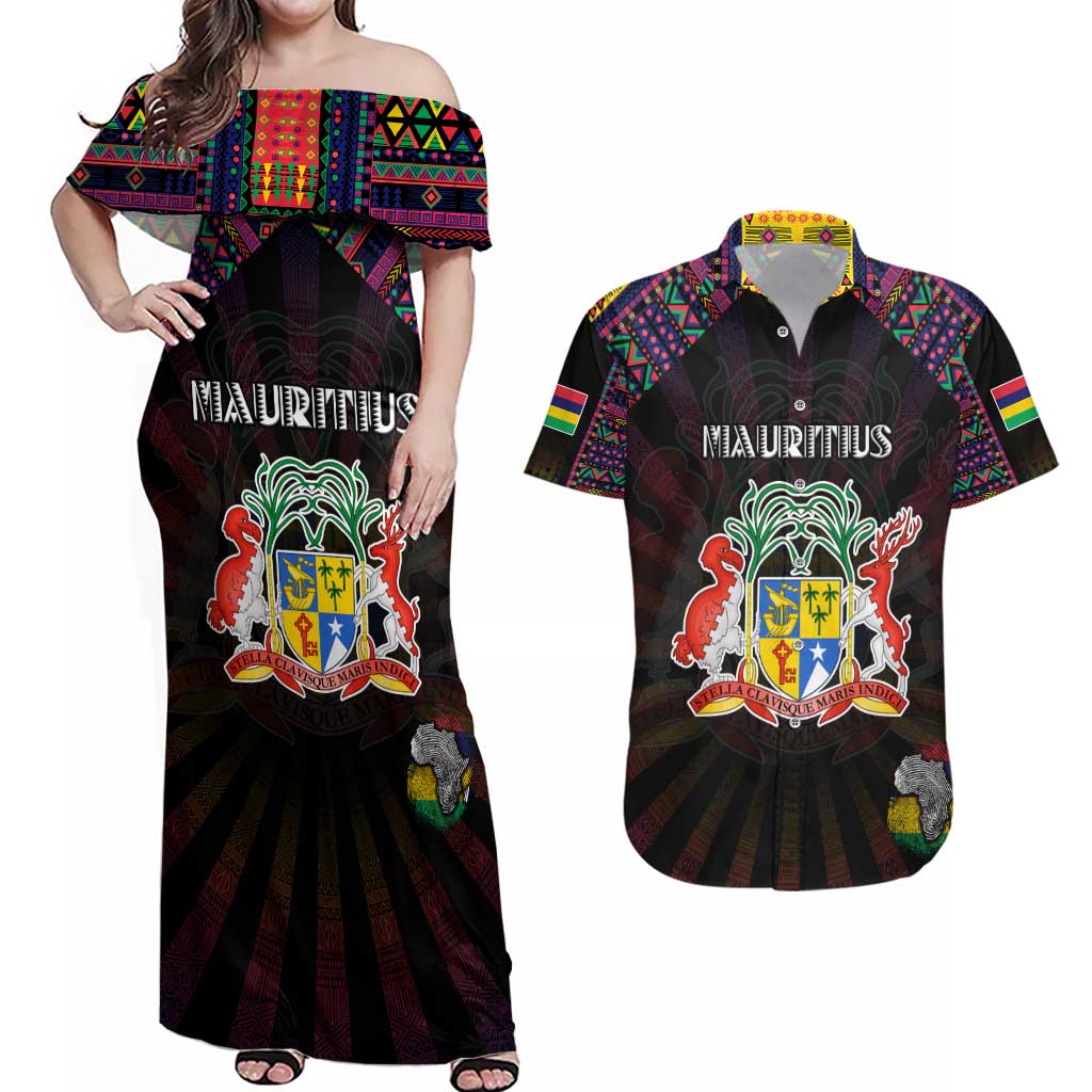 Personalized Mauritius Roots Couples Matching Off Shoulder Maxi Dress and Hawaiian Shirt African Map in Fingerprint and Tribal Colors