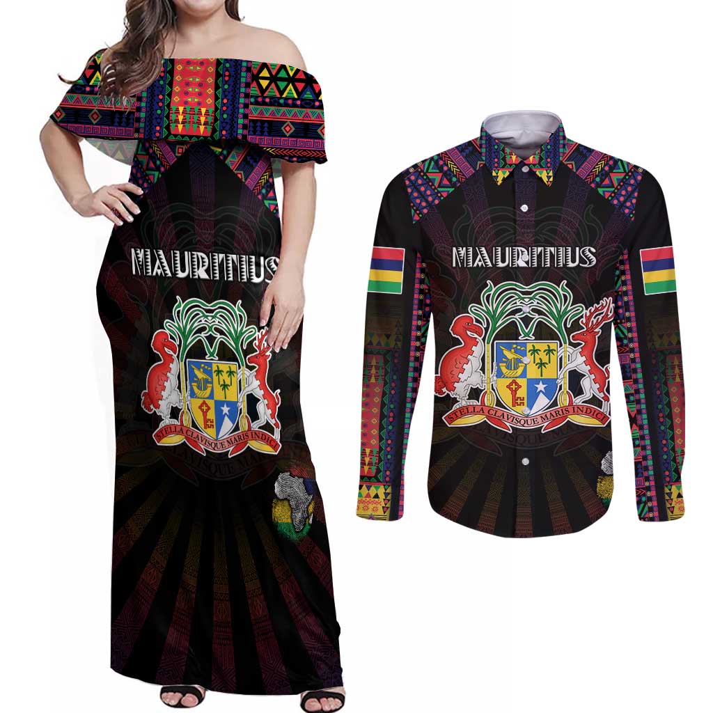 Personalized Mauritius Roots Couples Matching Off Shoulder Maxi Dress and Long Sleeve Button Shirt African Map in Fingerprint and Tribal Colors