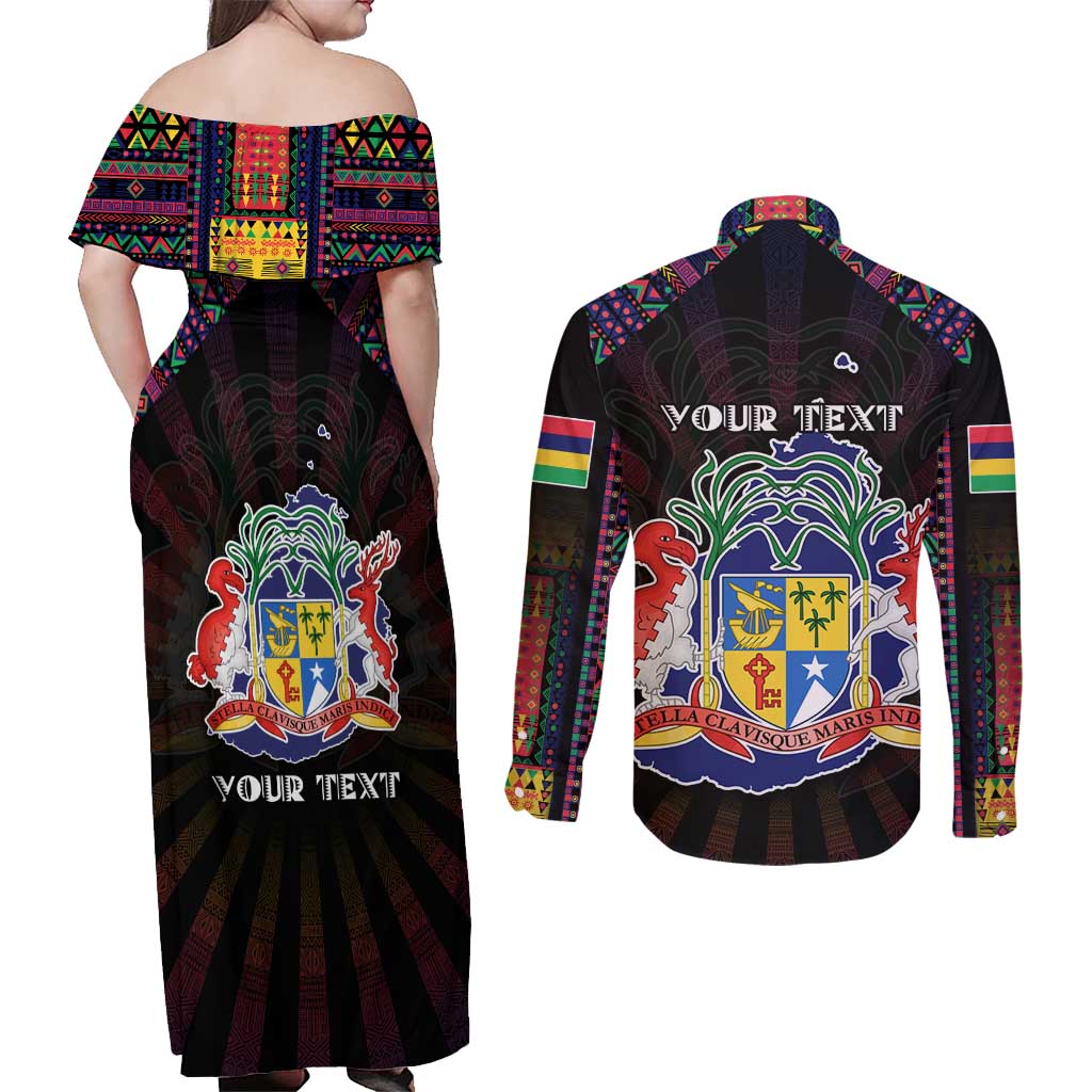 Personalized Mauritius Roots Couples Matching Off Shoulder Maxi Dress and Long Sleeve Button Shirt African Map in Fingerprint and Tribal Colors