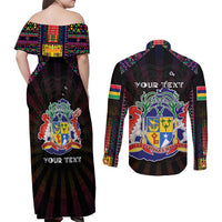 Personalized Mauritius Roots Couples Matching Off Shoulder Maxi Dress and Long Sleeve Button Shirt African Map in Fingerprint and Tribal Colors
