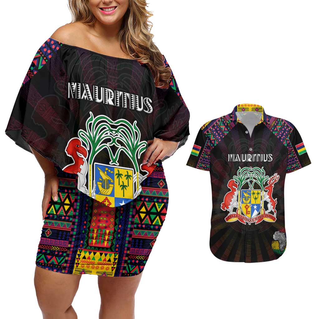 Personalized Mauritius Roots Couples Matching Off Shoulder Short Dress and Hawaiian Shirt African Map in Fingerprint and Tribal Colors