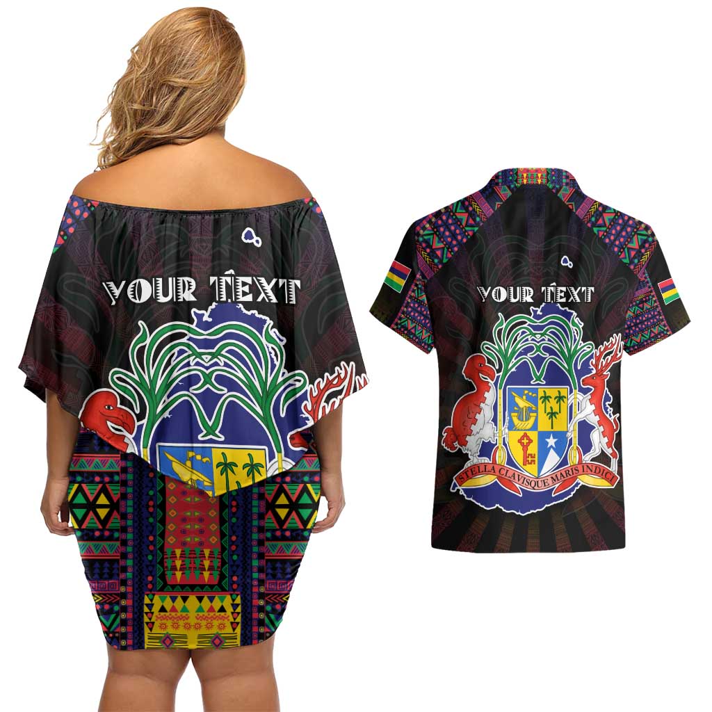 Personalized Mauritius Roots Couples Matching Off Shoulder Short Dress and Hawaiian Shirt African Map in Fingerprint and Tribal Colors