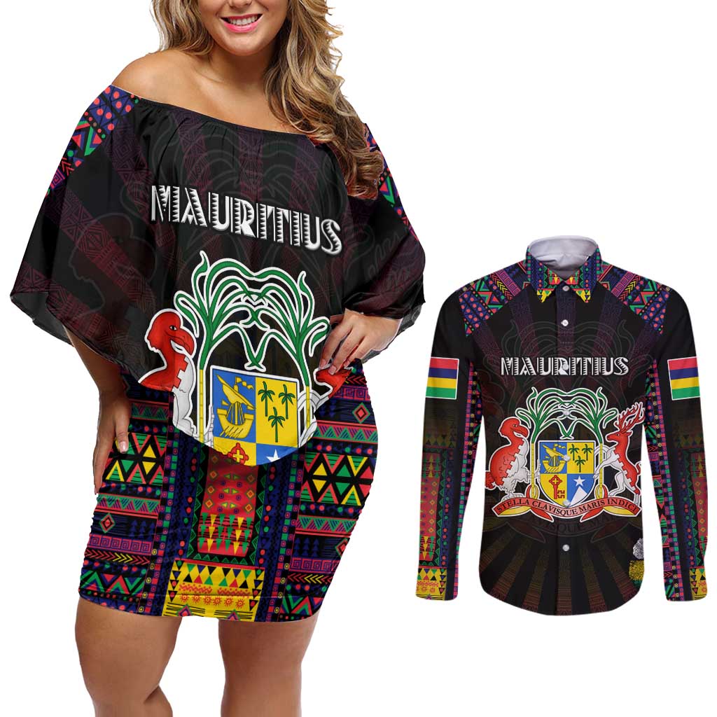 Personalized Mauritius Roots Couples Matching Off Shoulder Short Dress and Long Sleeve Button Shirt African Map in Fingerprint and Tribal Colors