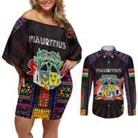 Personalized Mauritius Roots Couples Matching Off Shoulder Short Dress and Long Sleeve Button Shirt African Map in Fingerprint and Tribal Colors