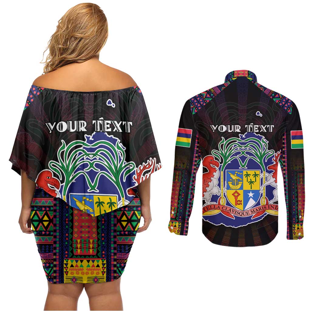 Personalized Mauritius Roots Couples Matching Off Shoulder Short Dress and Long Sleeve Button Shirt African Map in Fingerprint and Tribal Colors