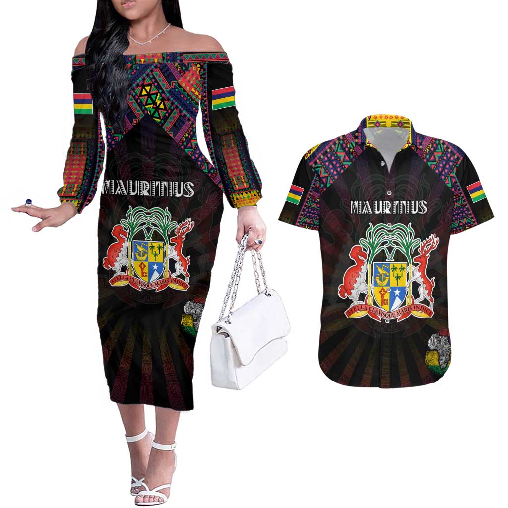 Personalized Mauritius Roots Couples Matching Off The Shoulder Long Sleeve Dress and Hawaiian Shirt African Map in Fingerprint and Tribal Colors