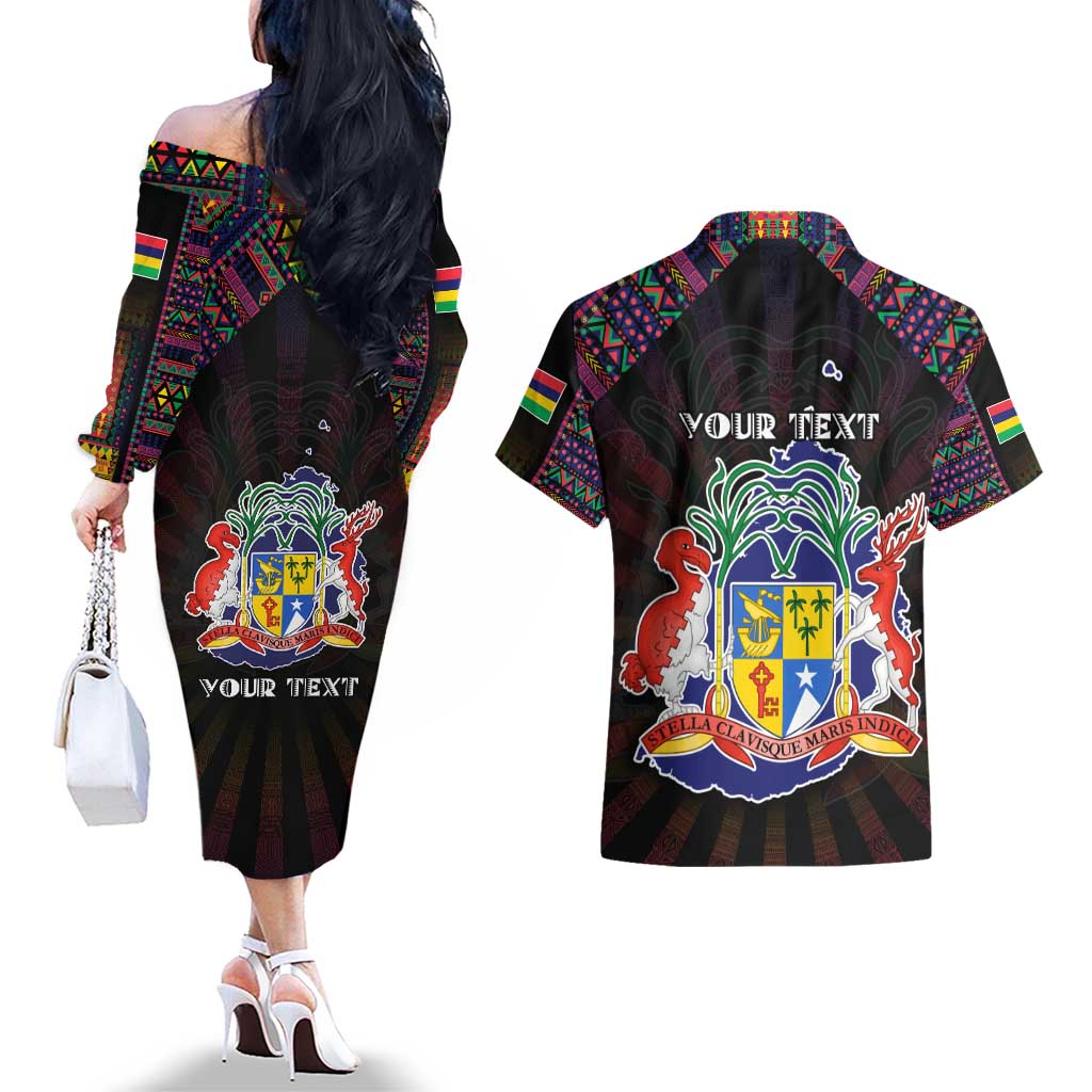 Personalized Mauritius Roots Couples Matching Off The Shoulder Long Sleeve Dress and Hawaiian Shirt African Map in Fingerprint and Tribal Colors