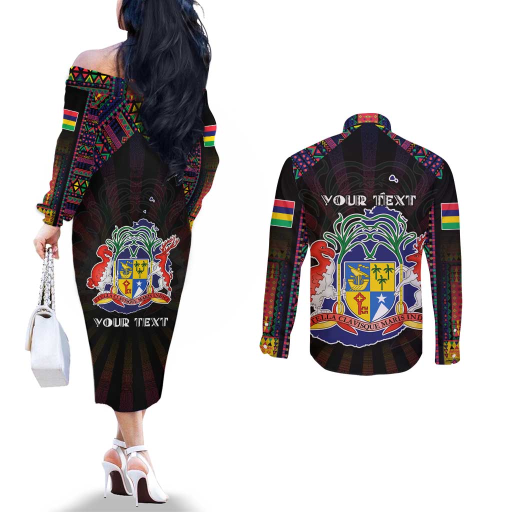 Personalized Mauritius Roots Couples Matching Off The Shoulder Long Sleeve Dress and Long Sleeve Button Shirt African Map in Fingerprint and Tribal Colors