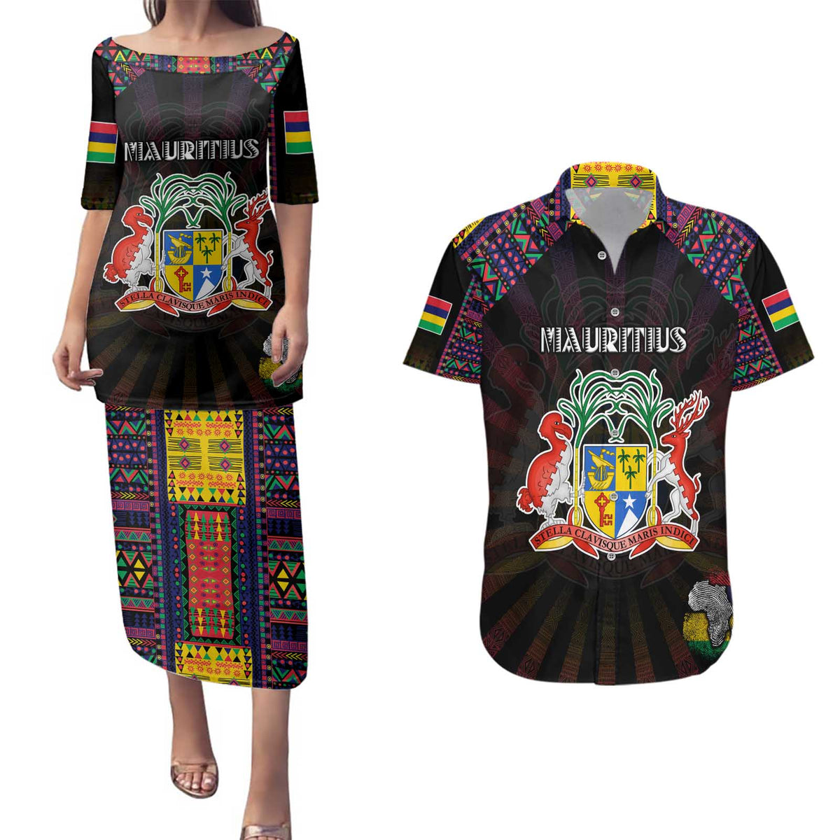 Personalized Mauritius Roots Couples Matching Puletasi and Hawaiian Shirt African Map in Fingerprint and Tribal Colors