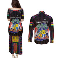 Personalized Mauritius Roots Couples Matching Puletasi and Long Sleeve Button Shirt African Map in Fingerprint and Tribal Colors