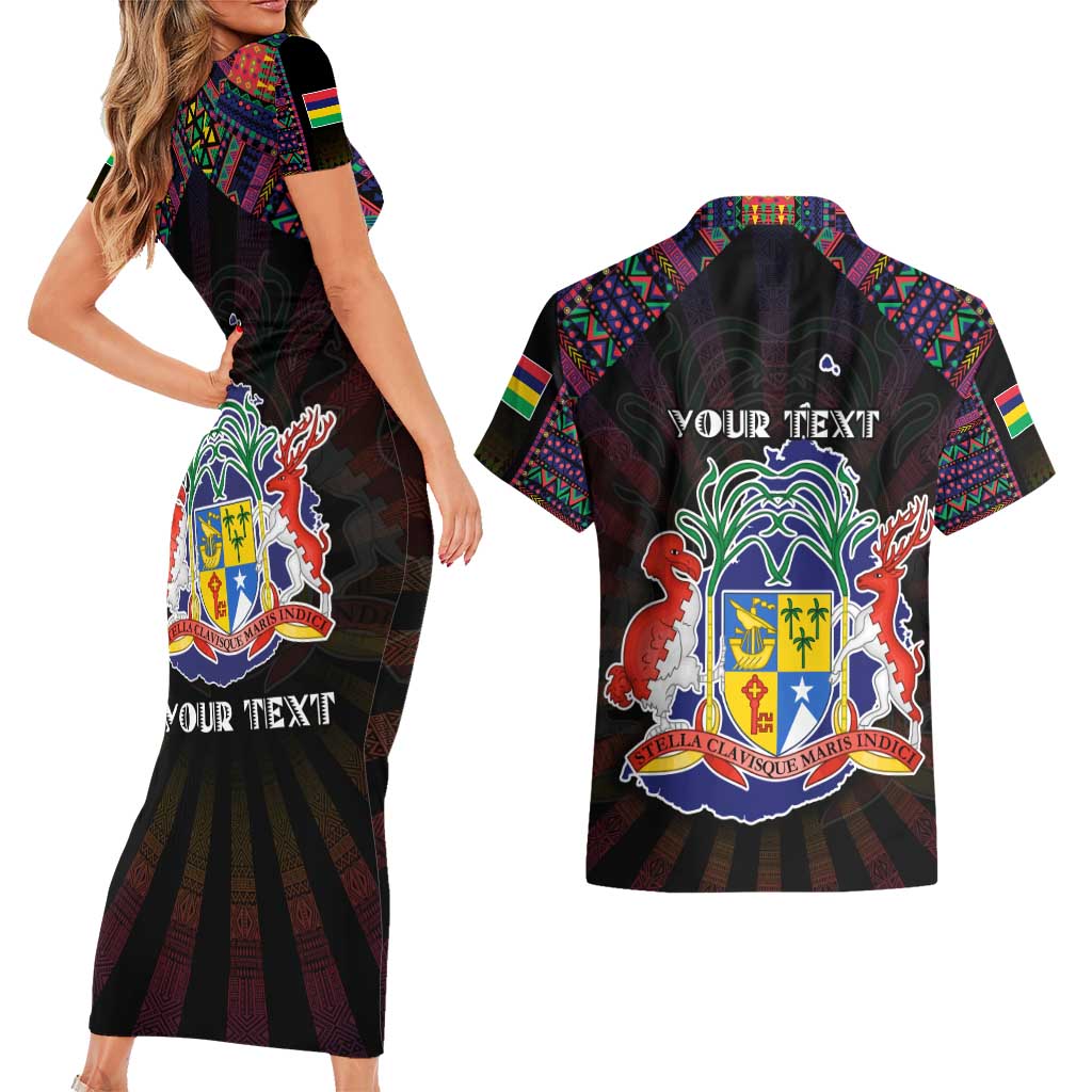 Personalized Mauritius Roots Couples Matching Short Sleeve Bodycon Dress and Hawaiian Shirt African Map in Fingerprint and Tribal Colors