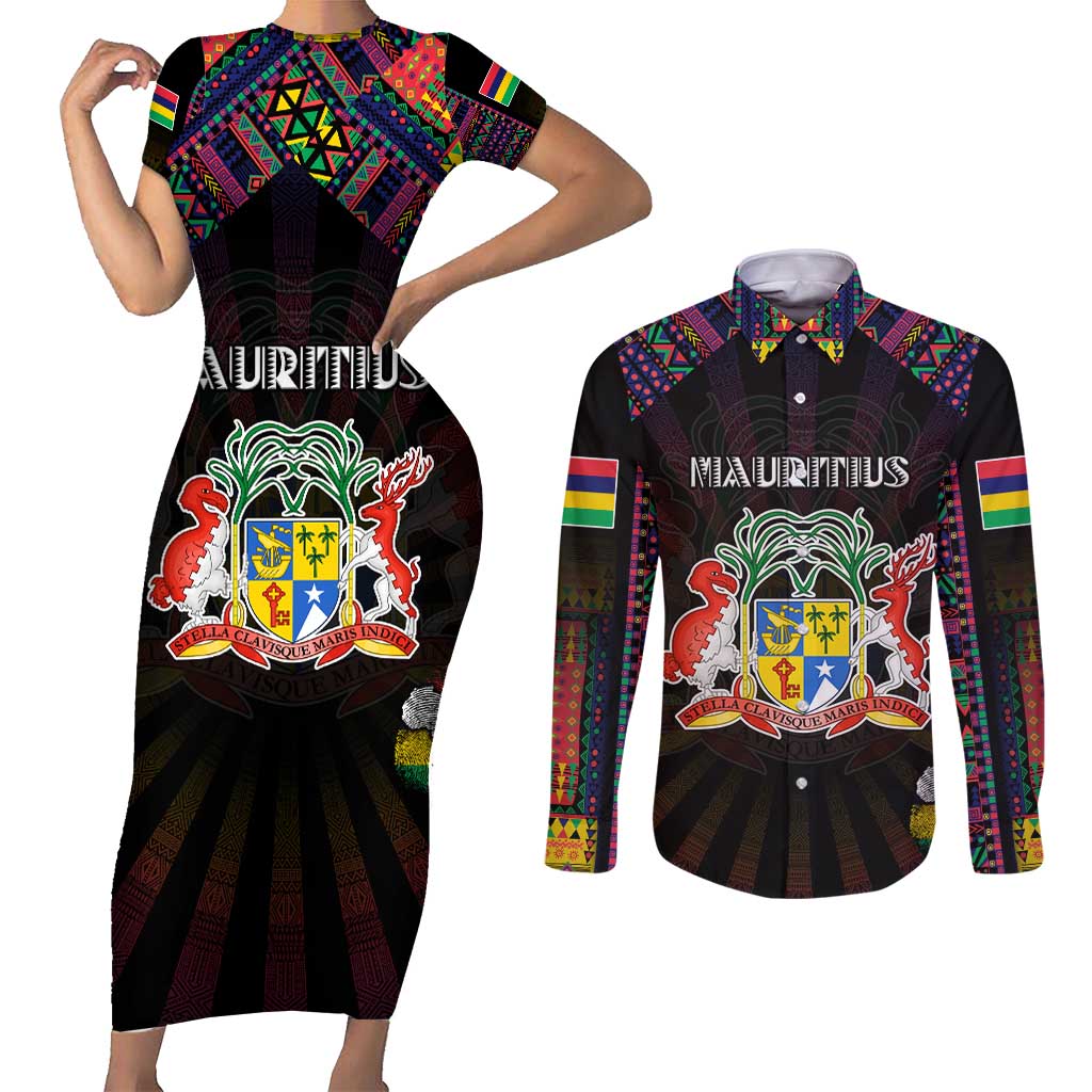 Personalized Mauritius Roots Couples Matching Short Sleeve Bodycon Dress and Long Sleeve Button Shirt African Map in Fingerprint and Tribal Colors