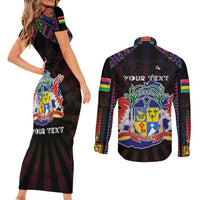 Personalized Mauritius Roots Couples Matching Short Sleeve Bodycon Dress and Long Sleeve Button Shirt African Map in Fingerprint and Tribal Colors