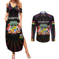 Personalized Mauritius Roots Couples Matching Summer Maxi Dress and Long Sleeve Button Shirt African Map in Fingerprint and Tribal Colors