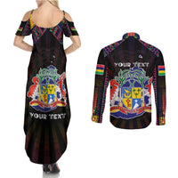 Personalized Mauritius Roots Couples Matching Summer Maxi Dress and Long Sleeve Button Shirt African Map in Fingerprint and Tribal Colors