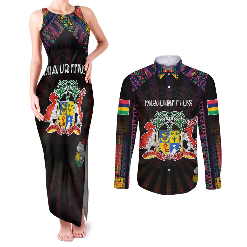 Personalized Mauritius Roots Couples Matching Tank Maxi Dress and Long Sleeve Button Shirt African Map in Fingerprint and Tribal Colors