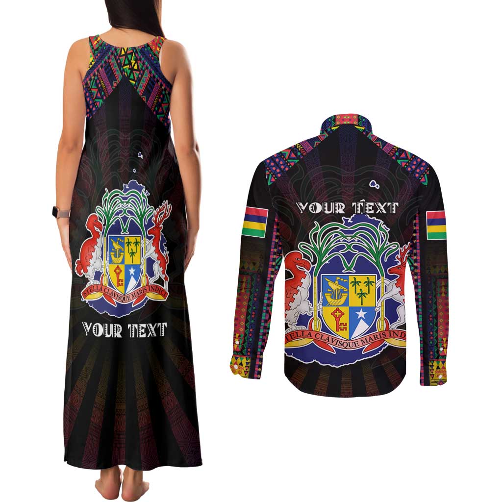 Personalized Mauritius Roots Couples Matching Tank Maxi Dress and Long Sleeve Button Shirt African Map in Fingerprint and Tribal Colors