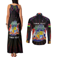 Personalized Mauritius Roots Couples Matching Tank Maxi Dress and Long Sleeve Button Shirt African Map in Fingerprint and Tribal Colors