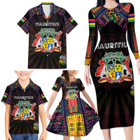 Personalized Mauritius Roots Family Matching Long Sleeve Bodycon Dress and Hawaiian Shirt African Map in Fingerprint and Tribal Colors