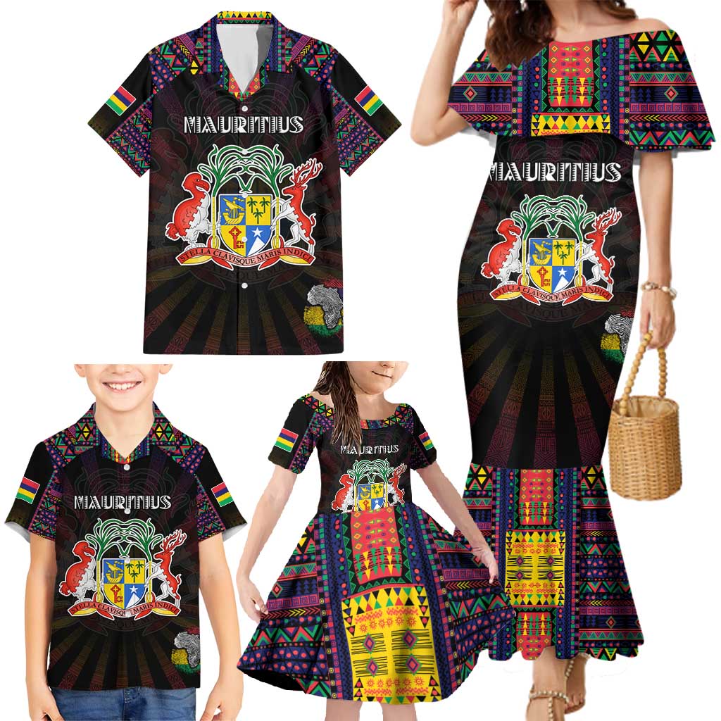 Personalized Mauritius Roots Family Matching Mermaid Dress and Hawaiian Shirt African Map in Fingerprint and Tribal Colors