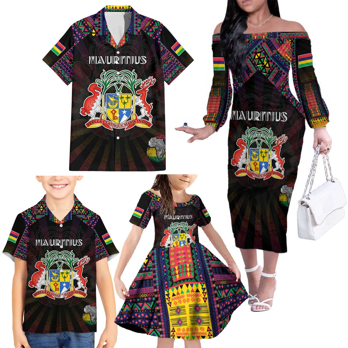 Personalized Mauritius Roots Family Matching Off The Shoulder Long Sleeve Dress and Hawaiian Shirt African Map in Fingerprint and Tribal Colors