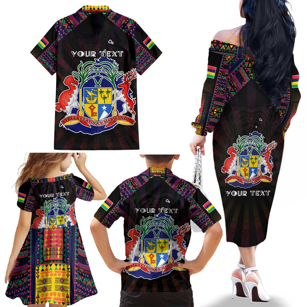 Personalized Mauritius Roots Family Matching Off The Shoulder Long Sleeve Dress and Hawaiian Shirt African Map in Fingerprint and Tribal Colors