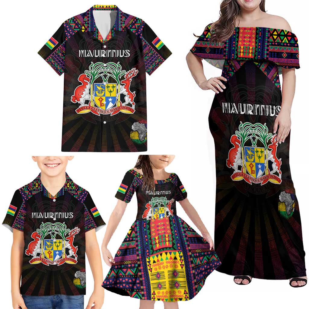 Personalized Mauritius Roots Family Matching Off Shoulder Maxi Dress and Hawaiian Shirt African Map in Fingerprint and Tribal Colors