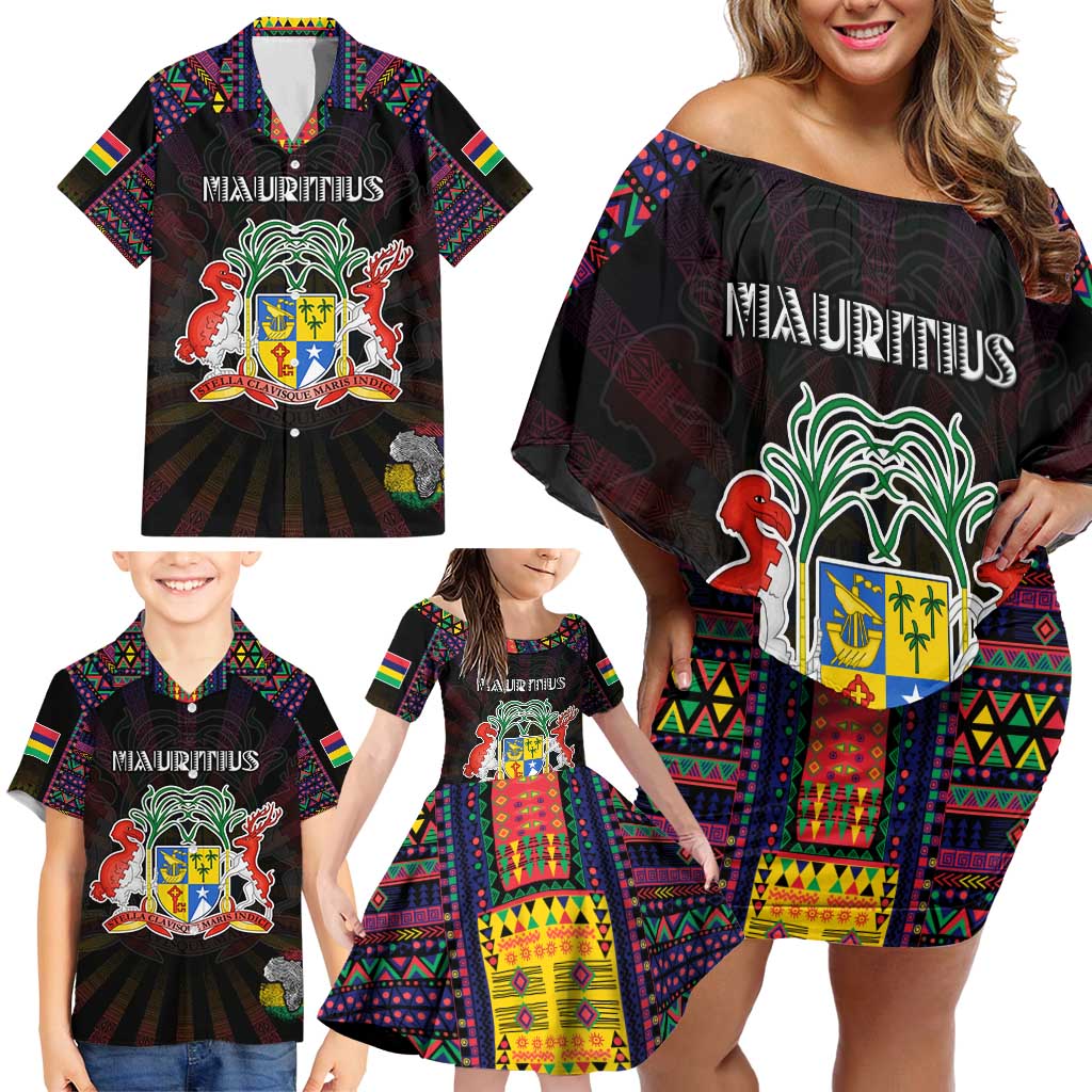 Personalized Mauritius Roots Family Matching Off Shoulder Short Dress and Hawaiian Shirt African Map in Fingerprint and Tribal Colors