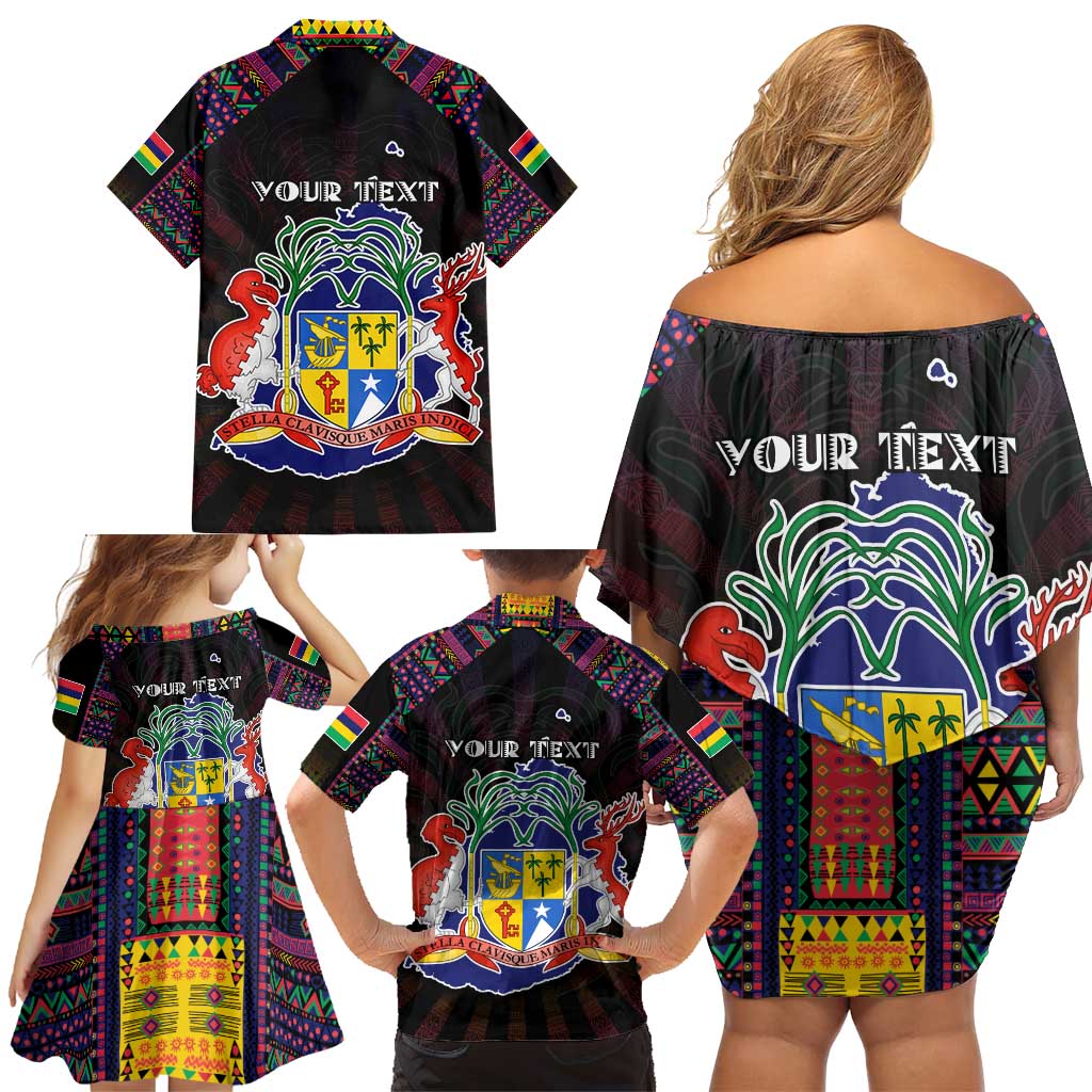 Personalized Mauritius Roots Family Matching Off Shoulder Short Dress and Hawaiian Shirt African Map in Fingerprint and Tribal Colors