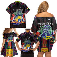 Personalized Mauritius Roots Family Matching Off Shoulder Short Dress and Hawaiian Shirt African Map in Fingerprint and Tribal Colors