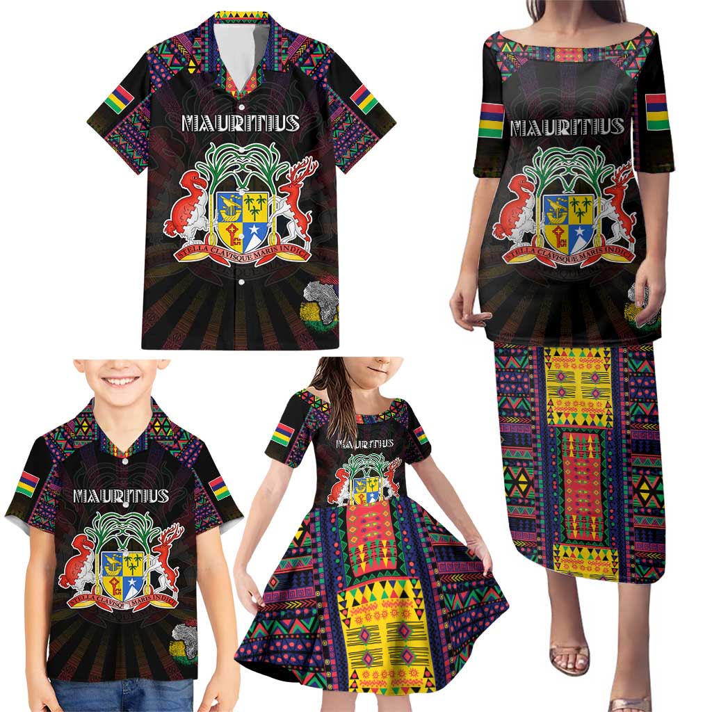 Personalized Mauritius Roots Family Matching Puletasi and Hawaiian Shirt African Map in Fingerprint and Tribal Colors