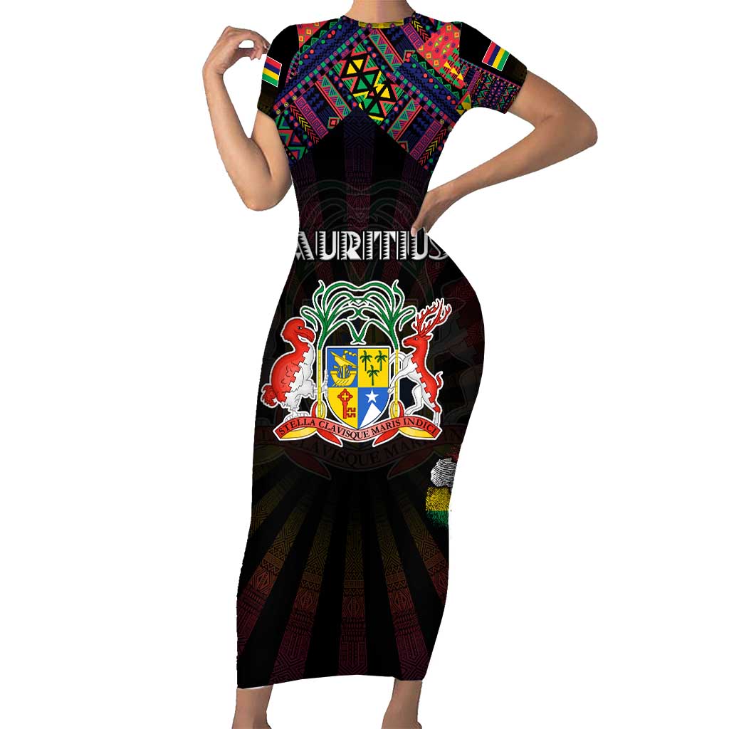 Personalized Mauritius Roots Family Matching Short Sleeve Bodycon Dress and Hawaiian Shirt African Map in Fingerprint and Tribal Colors